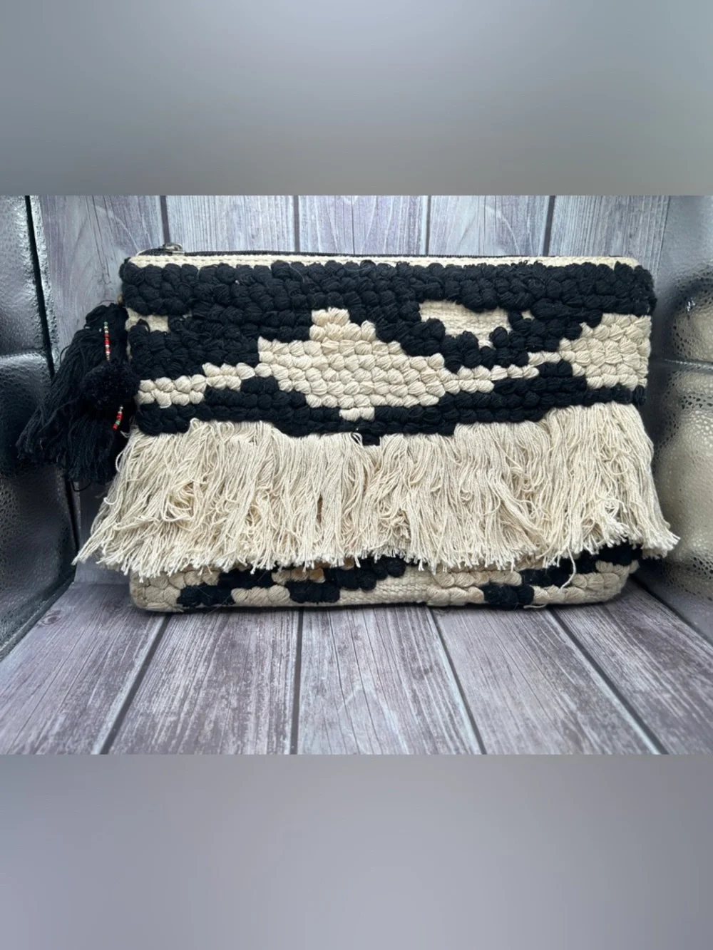 MANGO Boho Embroidered Clutch Bag Woven Cotton Macrame Fringe Black Off White - Picture 5 of 13